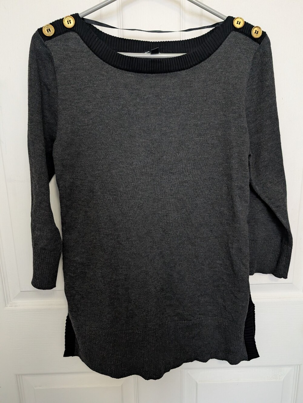 Cable & Gauge Charcoal Gray Boatneck Sweater with Gold Button Accents